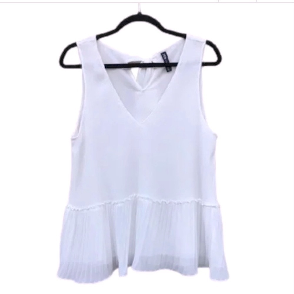 Zara Pleated V-Neck White Peplum Ruffle Swing Tank Top